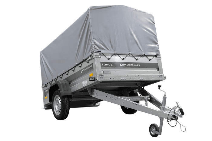 Einachsanhänger 230×125 UNITRAILER FORCE 230 KIPP mit H-800 Spriegel und grauer Hochplane-Neu