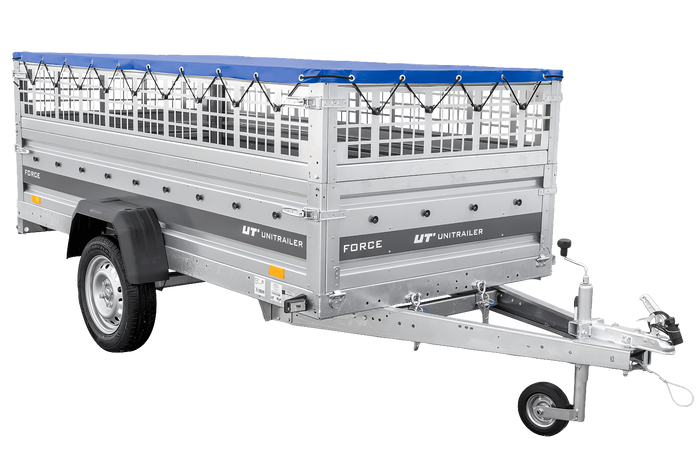 Einachsanhänger 264×125 UNITRAILER FORCE 264 KIPP mit Gitterwänden, H-0-Rahmen und blauer Plane-Neu