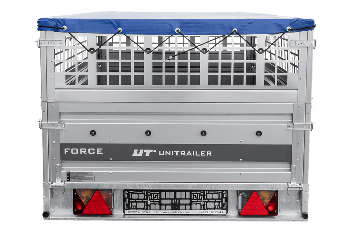 Einachsanhänger 264×125 UNITRAILER FORCE 264 KIPP mit Gitterwänden, H-0-Rahmen und blauer Plane-Neu