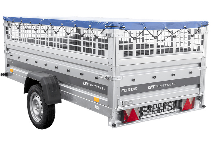 Einachsanhänger 264×125 UNITRAILER FORCE 264 KIPP mit Gitterwänden, H-0-Rahmen und blauer Plane-Neu