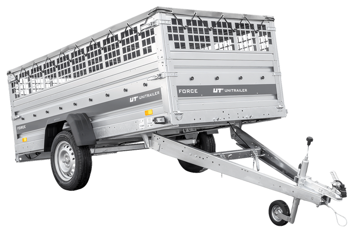 Einachsanhänger 264×125 UNITRAILER FORCE 264 KIPP mit Gitterwänden, H-0-Rahmen und grauer Plane-Neu