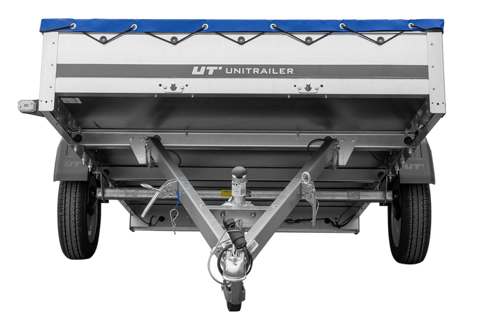 Einachsanhänger 264×150 UNITRAILER GARDEN 265 KIPP mit einem Flachplanenträger und blauer Plane-Neu