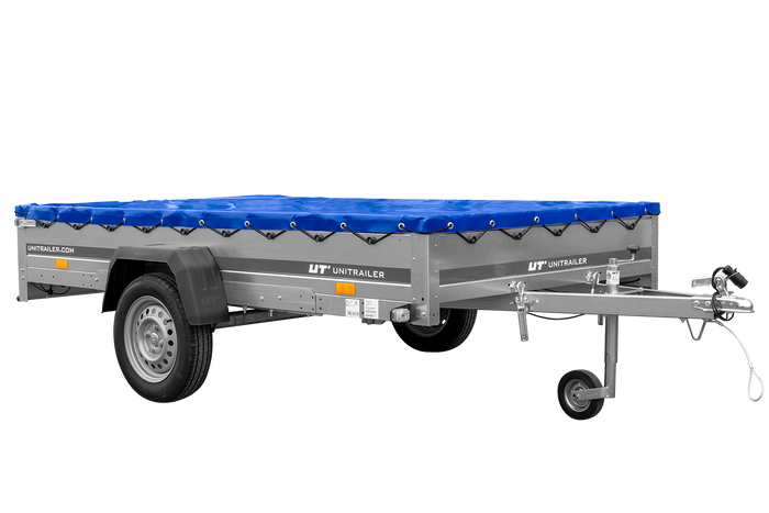 Einachsanhänger 264×150 UNITRAILER GARDEN 265 KIPP mit einem Flachplanenträger und blauer Plane-Neu