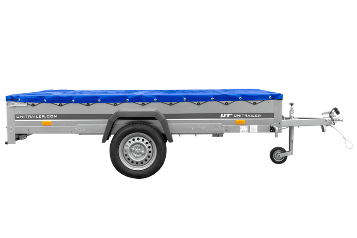 Einachsanhänger 264×150 UNITRAILER GARDEN 265 KIPP mit einem Flachplanenträger und blauer Plane-Neu