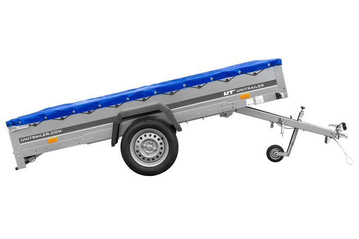 Einachsanhänger 264×150 UNITRAILER GARDEN 265 KIPP mit einem Flachplanenträger und blauer Plane-Neu