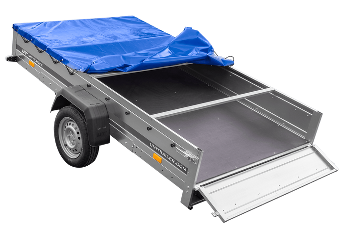 Einachsanhänger 264×150 UNITRAILER GARDEN 265 KIPP mit einem Flachplanenträger und blauer Plane-Neu