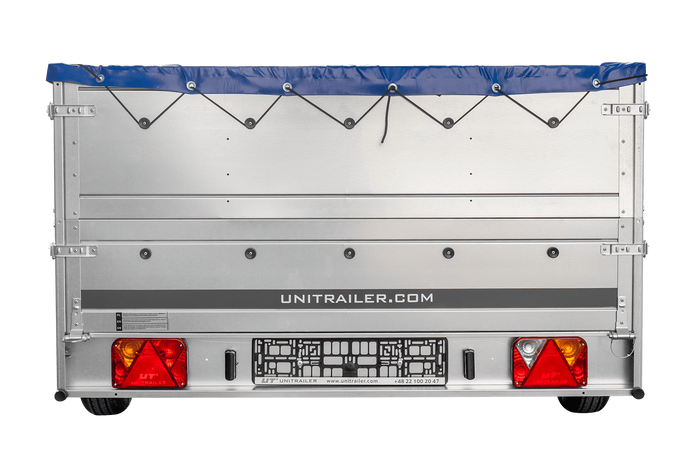 Einachsanhänger 264×150 UNITRAILER GARDEN 265 KIPP mit zusätzlichen Bordwänden, H-0-Rahmen und blauer Plane-Neu