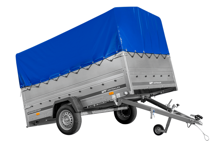 Einachsanhänger 264×150 UNITRAILER GARDEN 265 KIPP mit zusätzlichen Bordwänden, H-800-Hochspriegel und blauer Plane-Neu