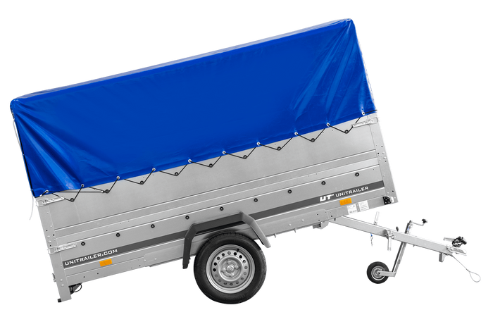 Einachsanhänger 264×150 UNITRAILER GARDEN 265 KIPP mit zusätzlichen Bordwänden, H-800-Hochspriegel und blauer Plane-Neu