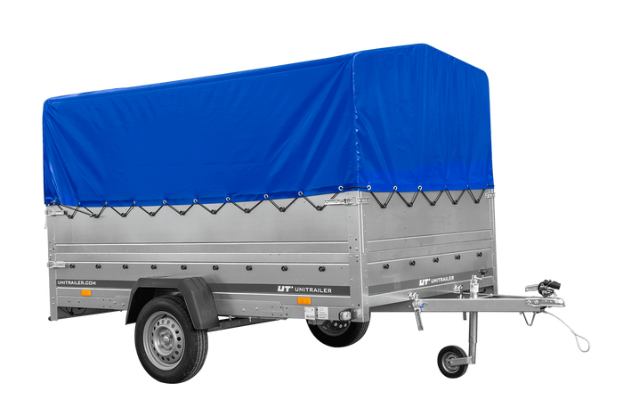 Einachsanhänger 264×150 UNITRAILER GARDEN 265 KIPP mit zusätzlichen Bordwänden, H-800-Hochspriegel und blauer Plane-Neu
