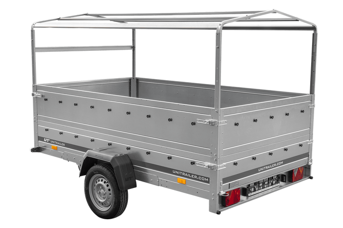 Einachsanhänger 264×150 UNITRAILER GARDEN 265 KIPP mit zusätzlichen Bordwänden, H-800-Hochspriegel und blauer Plane-Neu