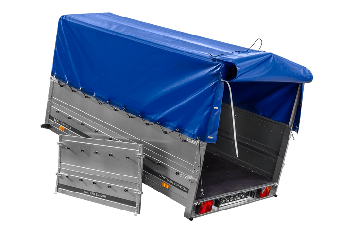 Einachsanhänger 264×150 UNITRAILER GARDEN 265 KIPP mit zusätzlichen Bordwänden, H-800-Hochspriegel und blauer Plane-Neu