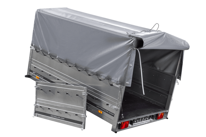Einachsanhänger 264×150 UNITRAILER GARDEN 265 KIPP mit zusätzlichen Bordwänden, H-800-Rahmen und grauer Plane-Neu