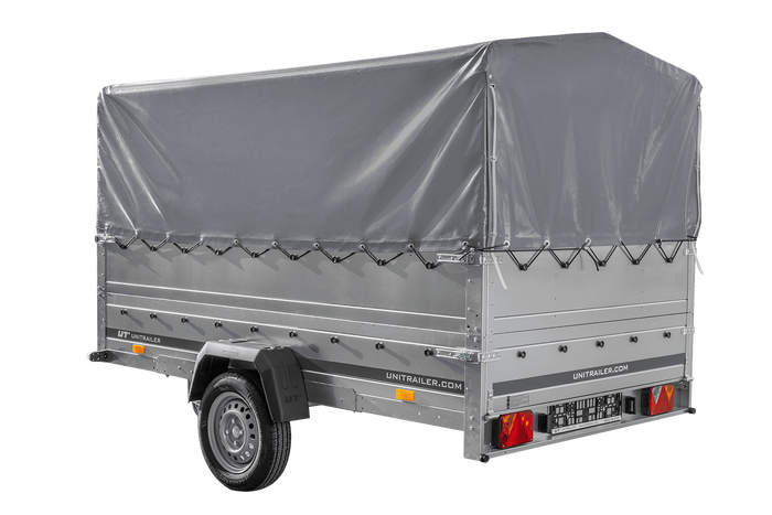 Einachsanhänger 264×150 UNITRAILER GARDEN 265 KIPP mit zusätzlichen Bordwänden, H-800-Rahmen und grauer Plane-Neu