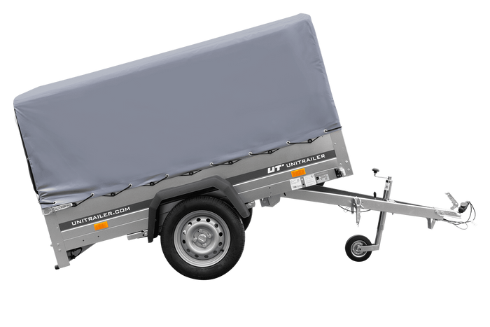 Einachsanhänger auf Blattfedern 200×125 UNITRAILER GARDEN 201/R KIPP mit H-800-Rahmen und grauer Plane-Neu