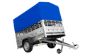 Einachsanhänger auf Federn 200×125 UNITRAILER GARDEN 201/R KIPP mit Gitterwänden, H-800-Rahmen und blauer Plane-Neu