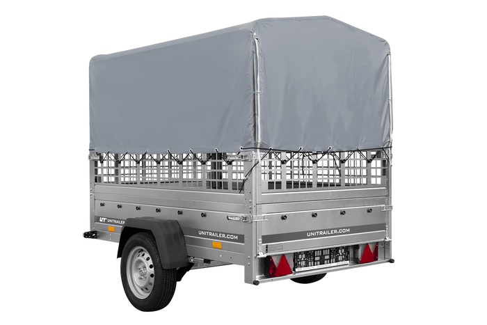 Einachsanhänger auf Federn 200×125 UNITRAILER GARDEN 201/R KIPP mit Gitterwänden, H-800-Rahmen und grauer Plane-Neu