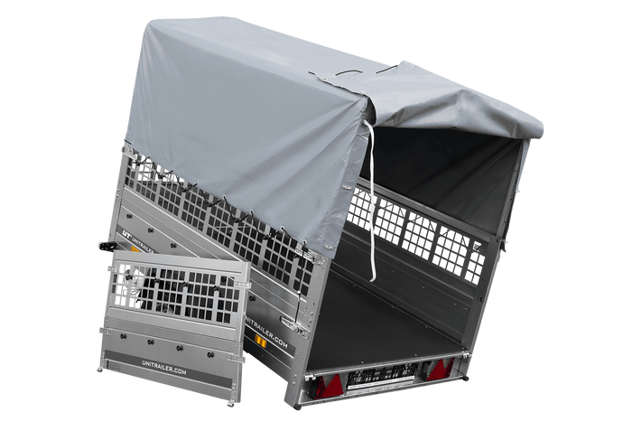Einachsanhänger auf Federn 200×125 UNITRAILER GARDEN 201/R KIPP mit Gitterwänden, H-800-Rahmen und grauer Plane-Neu