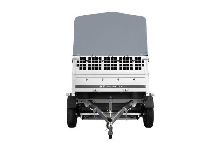 Einachsanhänger auf Federn 200×125 UNITRAILER GARDEN 201/R KIPP mit Gitterwänden, H-800-Rahmen und grauer Plane-Neu