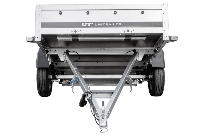 Einachsanhänger mit Blattfedern 264×125 UNITRAILER GARDEN 264/R KIPP mit H-800-Rahmen und blauer Plane-Neu