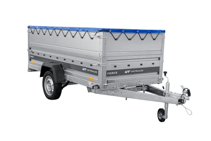 Einachsiger Anhänger auf Blattfedern 264×125 UNITRAILER FORCE 264/R KIPP mit BIS-Seitenwänden, H-0-Rahmen und blauer Plane-Neu