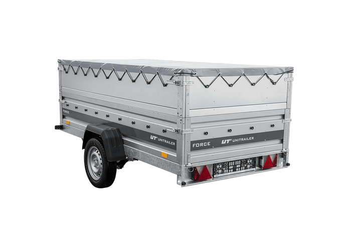Einachsiger Anhänger auf Blattfedern 264×125 UNITRAILER FORCE 264/R KIPP mit BIS-Seitenwänden, H-0-Rahmen und grauer Plane-Neu
