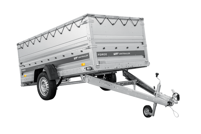 Einachsiger Anhänger auf Blattfedern 264×125 UNITRAILER FORCE 264/R KIPP mit BIS-Seitenwänden, H-0-Rahmen und grauer Plane-Neu