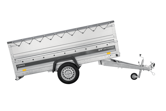 Einachsiger Anhänger auf Blattfedern 264×125 UNITRAILER FORCE 264/R KIPP mit BIS-Seitenwänden, H-0-Rahmen und grauer Plane-Neu