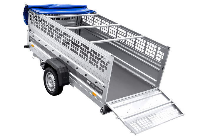 Einachsiger Anhänger auf Blattfedern 264×125 UNITRAILER FORCE 264/R KIPP mit Gitterseitenwänden, H-0-Rahmen und blauer Plane-Neu