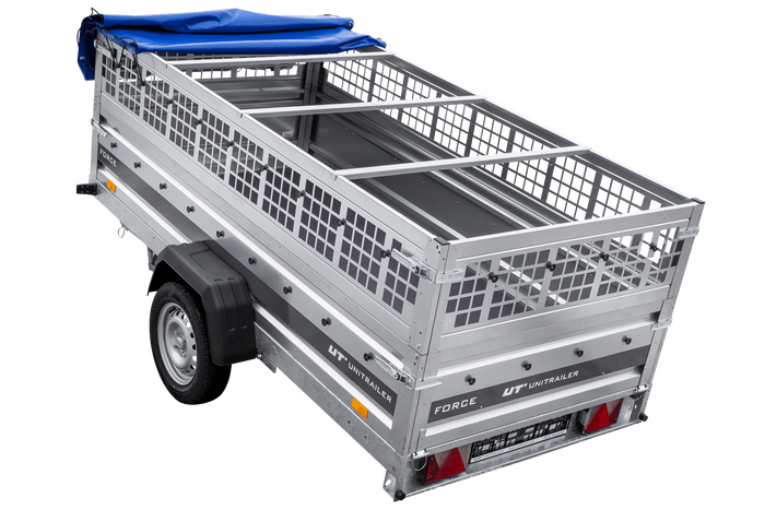 Einachsiger Anhänger auf Blattfedern 264×125 UNITRAILER FORCE 264/R KIPP mit Gitterseitenwänden, H-0-Rahmen und blauer Plane-Neu