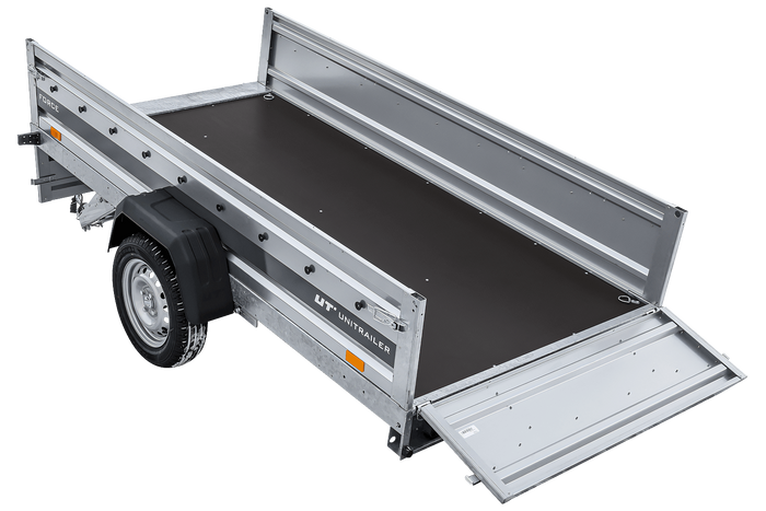 Einachsiger Anhänger auf Blattfedern 264×125 UNITRAILER FORCE 264/R KIPP mit Gitterseitenwänden, H-0-Rahmen und grauer Plane-Neu