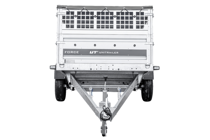 Einachsiger Anhänger auf Blattfedern 264×125 UNITRAILER FORCE 264/R KIPP mit Gitterseitenwänden, H-0-Rahmen und grauer Plane-Neu