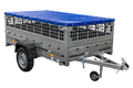 Einachsiger Anhänger auf Blattfedern 264×125 UNITRAILER GARDEN 264/R KIPP mit Gitterseitenwänden, H-0-Rahmen und blauer Plane-Neu