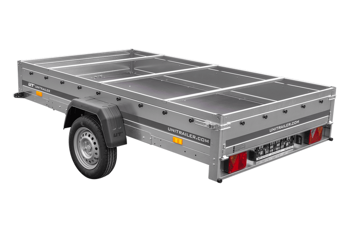 Einachsiger Anhänger auf Blattfedern 264×150 UNITRAILER GARDEN 265/R KIPP mit H-0-Rahmen und blauer Plane-Neu