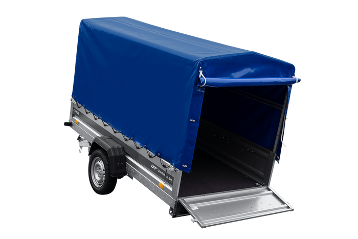 Einachsiger Anhänger mit Blattfedern 264×125 UNITRAILER FORCE 264/R KIPP mit H-1100 Spriegel und blauer Plane-Neu