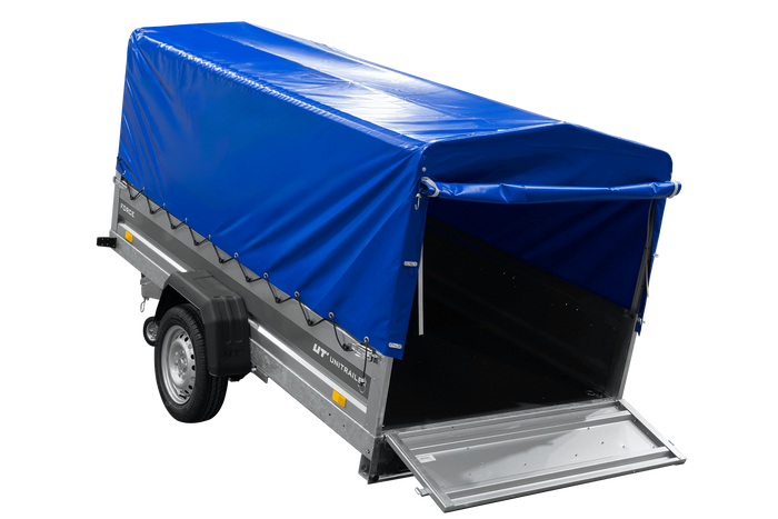 Einachsiger Anhänger mit Blattfedern 264×125 UNITRAILER FORCE 264/R KIPP mit H-800 Spriegel und blauer Plane-Neu