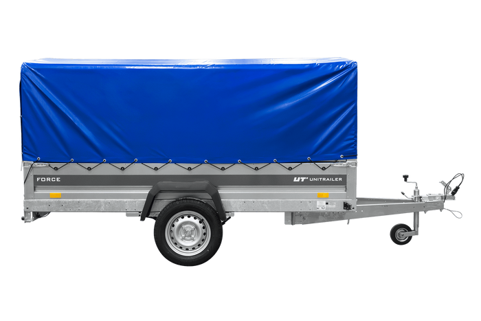 Einachsiger Anhänger mit Blattfedern 264×125 UNITRAILER FORCE 264/R KIPP mit H-800 Spriegel und blauer Plane-Neu