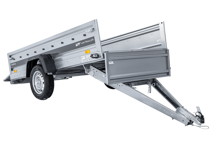 Einachsiger Anhänger mit Blattfedern 264×125 UNITRAILER FORCE 264/R KIPP mit H-800 Spriegel und grauer Plane-Neu