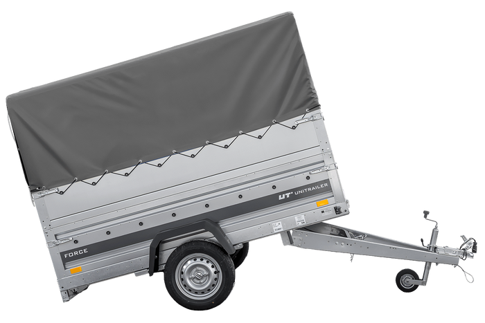 Einachsiger Federanhänger 230×125 UNITRAILER FORCE 230/R KIPP mit BIS-Seitenwänden, H-800-Rahmen und grauer Plane-Neu