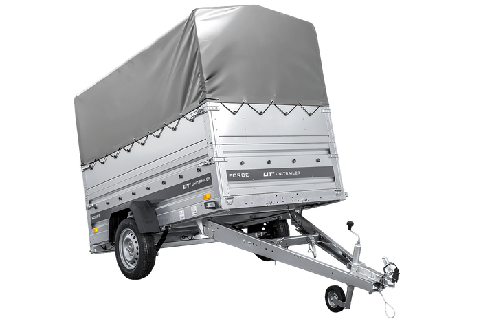 Einachsiger Federanhänger 230×125 UNITRAILER FORCE 230/R KIPP mit BIS-Seitenwänden, H-800-Rahmen und grauer Plane-Neu