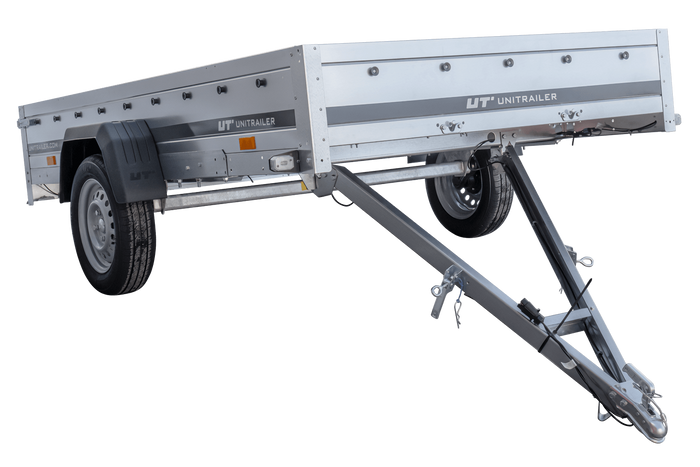 Einachsanhänger 264×150 UNITRAILER GARDEN 265 KIPP mit einem Flachplanenträger und blauer Plane-Neu