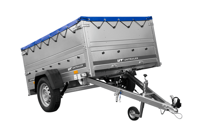 Leichtanhänger auf Blattfedern 200×125 UNITRAILER GARDEN 201/R KIPP mit BIS-Seiten, H-0-Rahmen und blauer Plane-Neu