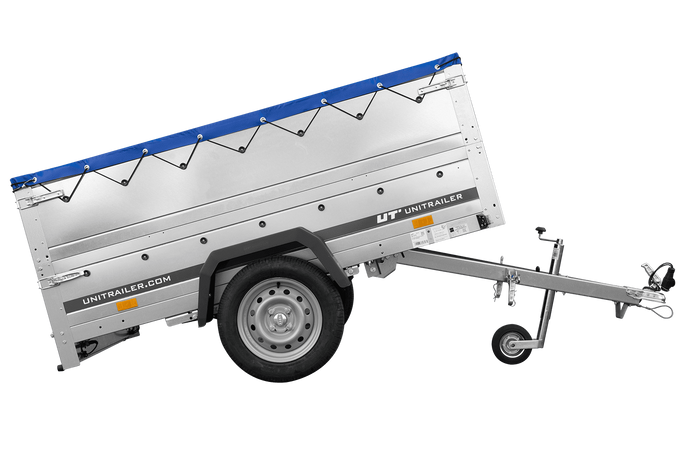 Leichtanhänger auf Blattfedern 200×125 UNITRAILER GARDEN 201/R KIPP mit BIS-Seiten, H-0-Rahmen und blauer Plane-Neu