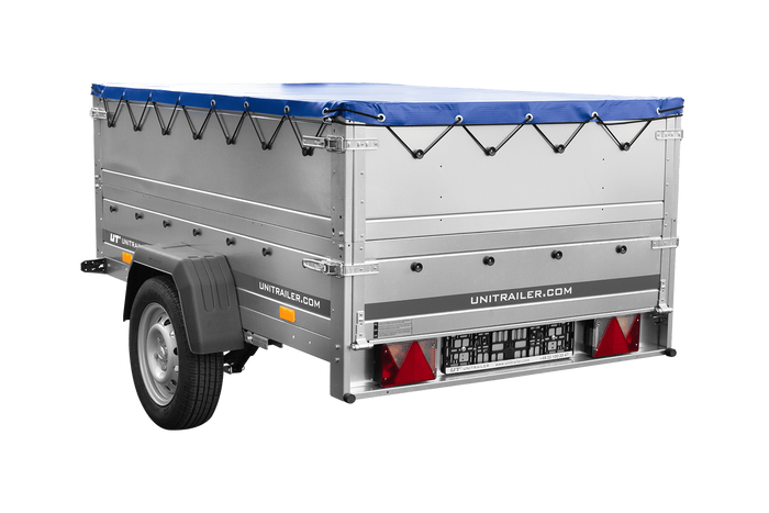 Leichtanhänger auf Blattfedern 200×125 UNITRAILER GARDEN 201/R KIPP mit BIS-Seiten, H-0-Rahmen und blauer Plane-Neu