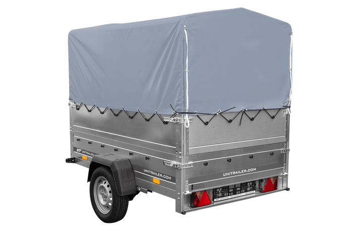 Leichtanhänger auf Blattfedern 200×125 UNITRAILER GARDEN 201/R KIPP mit BIS-Seiten, H-800-Rahmen und grauer Plane-Neu