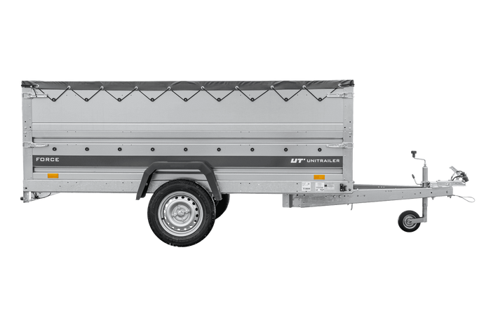 Leichter Anhänger 264×125 UNITRAILER FORCE 264 KIPP mit BIS-Seitenwänden, H-0-Rahmen und grauer Plane-Neu