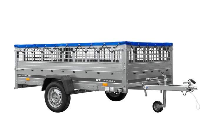 Leichter Anhänger auf Blattedern 264×150 UNITRAILER GARDEN 265/R KIPP mit Gitterwänden, H-0-Rahmen und blauer Plane-Neu