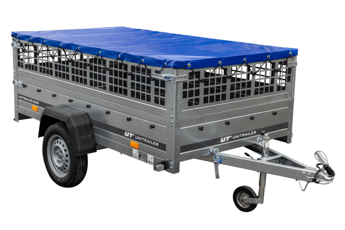 Leichter Anhänger auf Blattfedern 230×125 UNITRAILER GARDEN 230/R KIPP mit Gitterwänden, H-0-Rahmen und blauer Plane-Neu