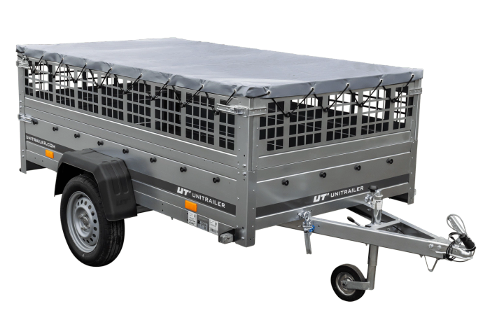 Leichter Anhänger auf Blattfedern 230×125 UNITRAILER GARDEN 230/R KIPP mit Gitterwänden, H-0-Rahmen und grauer Plane-Neu