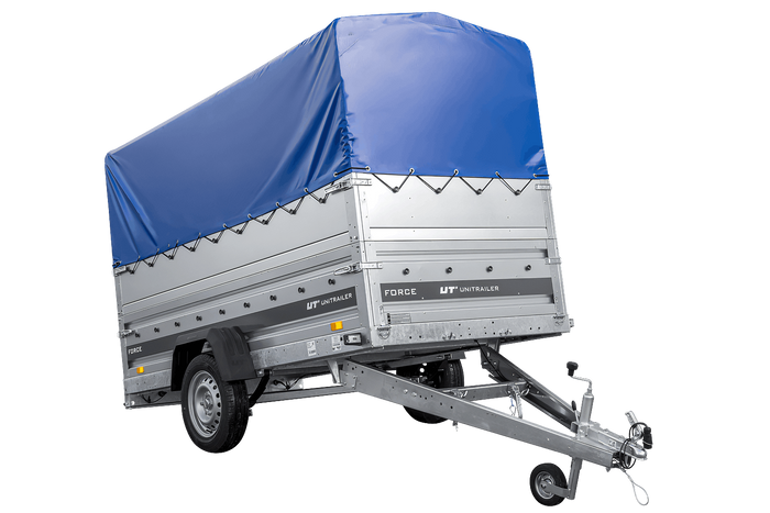 Leichter Anhänger auf Blattfedern 264×125 UNITRAILER FORCE 264/R KIPP mit BIS-Seitenwänden, H-800-Rahmen und blauer Plane-Neu